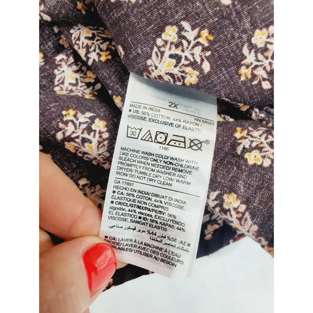 Old Navy Peasant Top Womens 2X‎ Floral Puff Balloon Sleeve Brown Cotton Bohemian